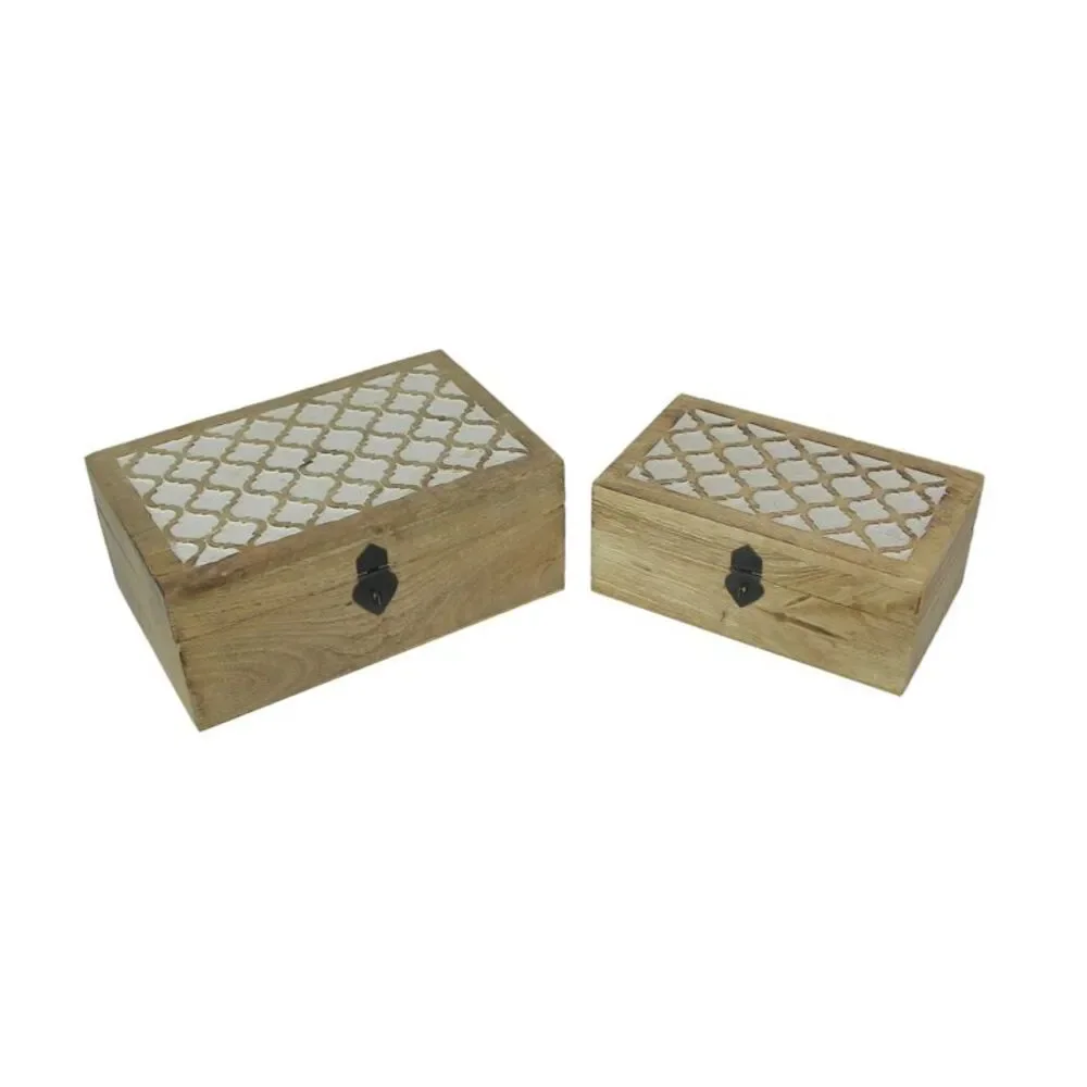 Set of 2 Hand Carved Marrakech Design Trinket Boxes Bohemian Decor
